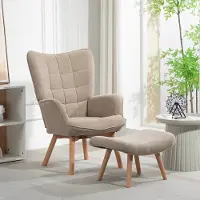 MODFU - Oorfauteuil Met Voetenbank - Getuft Ontwerp - Klassiek - Woonkamer - Polyester - Khaki - 72 x 80 x 101 cm