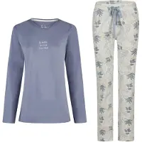 Louise Dames pyjama set lang v-hals donkerblauw gebloemd