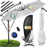 Kesser Zweefparasol ⌀300cm met LED Solar Verlichting en voet - Parasol 360° Incl. Beschermhoes