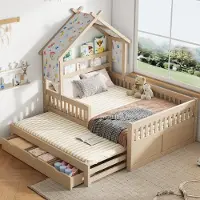 OKWISH Huisbed 140x200 cm - Met Uitschuifbed - 3 Lades En Veiligheidshek - Kinderkamer - Houtlook - Crème - Zonder Matras