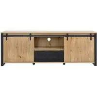 Vente-unique TV-meubel met 2 schuifdeuren, 1 lade en 1 nis in MDF en zwart metaal - Naturel - BELINARO