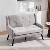 MODFU - 2-Zits Zitbank - Linnen Bekleding - Gecapitonneerd - Scandinavische Stijl - Massief Houten Poten - Lichtgrijs