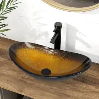 Puluomis wastafel, glazen wastafel, ovale waskom, 53x35x16 cm, inclusief kraan, afvoer en aansluitingen voor warm en koud water, zwart en goud