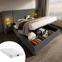 Sweiko Tweepersoonsbed - 160 x 200cm - Leeslampje - USB Type-C poort - Linnen - Met matras - Grijs