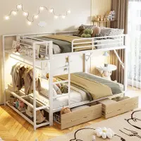 Merax Stapelbed 140 x 200 cm - met 2 lades - opbergruimte - met LED-verlichting - met kledingstang - zonder matras - wit