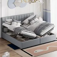 Sweiko Kinderbed,180x200cm Zacht Kussen bed, Hydraulisch Opbergbed, huidvriendelijk linnen loft bed, multifunctioneel tweepersoonsbed, Grijs (zonder matras)