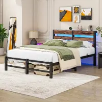 MODFU Industrieel Bedframe met RGB-LED & USB (120x200) - Twijfelaar Metaal / Hout - Gaming Bed - Zwart / Bruin