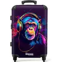 NoBoringSuitcases.com - Kinderkoffer groot - Kindertrolley koffer - Chimpansee met koptelefoon in neonkleuren - Rolkoffer lichtgewicht - Reiskoffer met 4 wielen - Grote trolley XL - 20 kg bagage