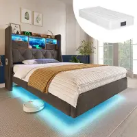 OKWISH Gestoffeerd Bed 90x200 Cm – Eenpersoonsbed Met Led Verlichting En Oplaadstation – Met Opbergruimte In Hoofdbord – Met Matras – Linnen – Grijs