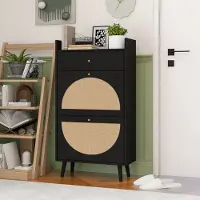 STILVORA Schoenenkast - Met 2 Deuren En Lade - Flexibele Opbergruimte Voor Hal En Entree - Spaanplaat En Rotanlook - 60 Cm - Zwart