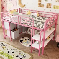 Merax Hoogslaper 90x200cm - kinderbed met opbergruimte - met brede ladder - afgeronde hoeken - lade en plank - zonder matras - roze