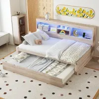 Sweiko Slaapbank - 90*200cm - met LED verlichting - opbergvak - met Uitschuifbaar bed - USB aansluiting - Zonder matras - Natuurlijke