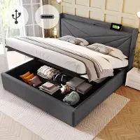 Sweiko Gestofferd bed Eenpersoonsbed Opbergdoos met USB Type-C oplaadfunctie Hoofdbord, opbergbed Linnenmateriaal bedstead 180x200cm jeugdbed met Flat noedels grille Grijs (geen matras)