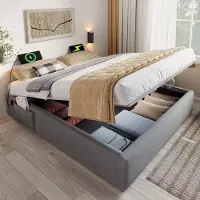 Sweiko Tweepersoonsbed - 140 x 200 cm - Opbergruimte - USB-opladen - Zonder hoofdeinde/matras - Grijs