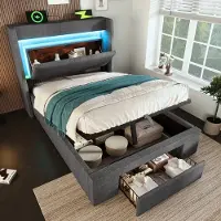 Sweiko Gestoffeerd bed - 90x200 cm - Opbergruimte - LED-verlichting - USB/Type-C - Linnen stof - Grijs