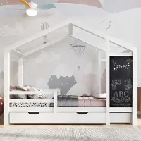 Sweiko Kinderbed 90 x 200 cm, houten bed met schoolbord en 2 lades, massief hout met hek en lattenbod, wit (zonder matras)