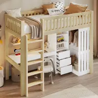 Sweiko Hoogslaper - 90 x 200 cm - Met bureau - Kledingkast - 3 lades - Opbergplank - Kinderbed - Wit + Natuurlijke