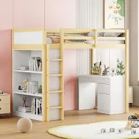 Sweiko Hoogslaper - 90 X 200 cm - met opbergkast - Bureau - 4 lads - Kinderbed - Natuurlijke + Wit
