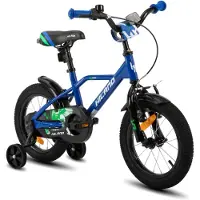 Hiland Stoere Jongensfiets - 14 Inch - Met Zijwieltjes & Standaard - Handrem & Terugtraprem - Blauw - Geschikt voor buitenactiviteiten in de lente