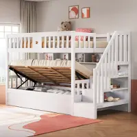 OKWISH stapelbed 90x200, houten bed met planken, stapelbed met opbergruimte in de trap, jeugdbed met hydraulische opbergruimte, zonder matras, wit