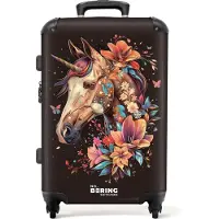 NoBoringSuitcases.com - Kinderkoffer groot - Kindertrolley koffer - Eenhoorn en bloemen op zwarte achtergrond - Rolkoffer lichtgewicht - Reiskoffer met 4 wielen - Grote trolley XL - 20 kg bagage