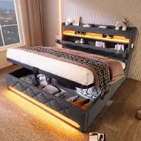 Sweiko Gestoffeerd bed - 140 × 190 cm - Opbergruimte - USB/Type-C - LED-verlichting - Linnen - Grijs