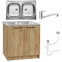 Stamar - Keukenkast 80cm - Onderkast met Dubbele spoelbak + kraan + sifon - Eiken Goud