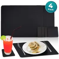 COOAU Placemats 8 stuks - Placemats van 45x30 cm en vierkante onderzetters van 10 cm - Placemats Kunststof - Zwart