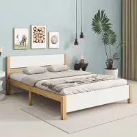 Sweiko tweepersoonsbed, houten bed, grenenhouten frame met middenpoot, jeugdbed, volwassenenbed, met hoofdbord en voeteneind van MDF, wit + naturel, 140x200 cm