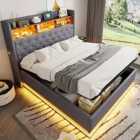 Sweiko Tweepersoonsbed - 160 x 200 cm - LED-verlichting - USB-poort - Hydraulische opbergruimte - Linnen stof - Grijs