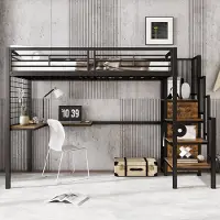 Sweiko Hoogslaper - 90x200cm - met Bureau + kledingkast - Ijzer+Spaanplaat - Zwart