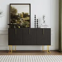 Sweiko Modern 3-deurs Dressoir met verstelbare planken, U-vormige kastdeuren en metalen handgrepen en voet voor eetkamer en keuken, Zwart