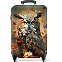 NoBoringSuitcases.com - Handbagage koffer lichtgewicht - Reiskoffer trolley - Portret van een uil tussen rode-oranje bloemen - Rolkoffer met wieltjes - Past binnen 55x40x20 en 55x35x25