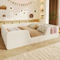 Merax Gestoffeerd bed - 140 x 190 cm - afneembare veiligheidshekken - met ingebouwde opbergzak - fluweel - beige - zonder matras
