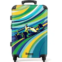 NoBoringSuitcases.com - Kinderkoffer groot - Kindertrolley koffer - Formule 1-auto op gestreepte achtergrond - Rolkoffer lichtgewicht - Reiskoffer met 4 wielen - Grote trolley XL - 20 kg bagage