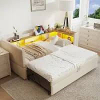 Sweiko Slaapbank - 90/180*190 cm - Uitschuifbaar - Met LED verlichting + oplaadpoort - Beige