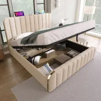 Sweiko Gewatteerd bed - 140 x 200 cm - USB/Type-C - Opbergruimte - Linnen stof - Beige