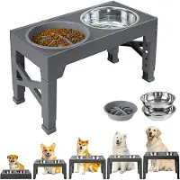 COOAU Voerbak Hond met Standaard - Voerbak Kat - Anti Schrokbak Hond - Verhoogde Voerbak - 5 Hoogtes - Slow Feeder - Grijs