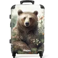 NoBoringSuitcases.com - Koffer groot - Rolkoffer lichtgewicht - Bruine beer zit tussen de bloemen en planten - Reiskoffer met 4 wielen - Grote trolley XL - 20 kg bagage