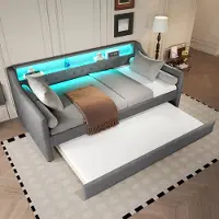 Sweiko Slaapbank - 90 x 200cm - LED verlichting - Uitschuifbaar bed - USB oplaadstopcontact - Linnengoed - Zonder matras - Grijs