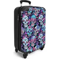 NoBoringSuitcases.com - Handbagage koffer lichtgewicht - Reiskoffer valiezen trolley - Rolkoffer op wieltjes - Paarse reistrolley met doodskoppen - Luggage suitcase - Past binnen 55x40x20 en 55x35x25