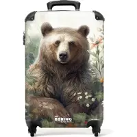 NoBoringSuitcases.com - Handbagage koffer lichtgewicht - Reiskoffer trolley - Bruine beer zit tussen de bloemen en planten - Rolkoffer met wieltjes - Past binnen 55x40x20 en 55x35x25