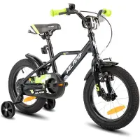 Hiland Stoere Jongensfiets - 12 Inch - Met Zijwieltjes & Standaard - Handrem & Terugtraprem - Zwart/Groen - Geschikt voor buitenactiviteiten in de lente