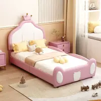Sweiko Zacht Kussen bed, 90x200 cm, Hoofdeinde met Krans, Kindervormige hoofd- en voetenbank, tweekleurig splicing ontwerp, kunstlederen stof, Roze