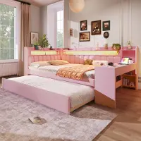 Sweiko Slaapbank - 140 x 200 cm - USB-poorten - LED-verlichting - Met uitschuifbaar bed - Bureau - Roze