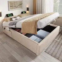Sweiko Tweepersoonsbed - 140 x 200 cm - Opbergruimte - USB-opladen - Zonder hoofdeinde/matras - Beige