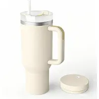 COOAU Koffiemok voor Onderweg - Automok - Grote Waterbeker met Rietje - Draagbare Koffiebeker - 1182 ml - Geschikt voor Warme en Koude Koffie - Wit