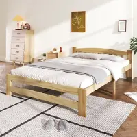 Sweiko Massief Houten bed Futon bed, Tweepersoonsbed, Massief Houten Natuurlijke bed met hoofdeinde en platte noedelslijst, jeugdbed, volwassen bed, Natuurlijk, 140x200cm(Geen matras)