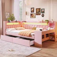 Sweiko Slaapbank - 140 x 200 cm - USB-poort - LED-verlichting - Met bureau - 2 lades - Kinderbed - Roze