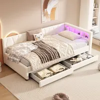 Sweiko Slaapbank 90*200 cm, met opbergvak, opladen via USB+type C, LED-verlichting, 2 lades, lattenbodem zonder matras, linnen, beige